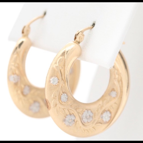 10K yellow and white gold vintage hoops - Picture 3 of 6